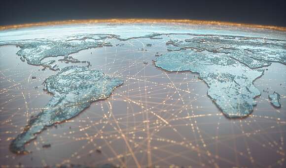 Globalized world, the future of digital technology. Connections and cloud computing in the virtual world. World map with satellite data connections. Connectivity across the world. 3D illustration.