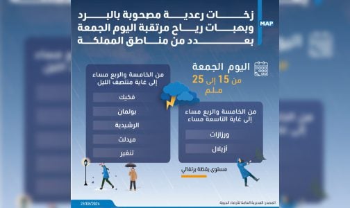زخات رعدية مصحوبة بالبرَد وبهبات رياح مرتقبة اليوم الجمعة بعدد من مناطق المملكة (نشرة إنذارية)