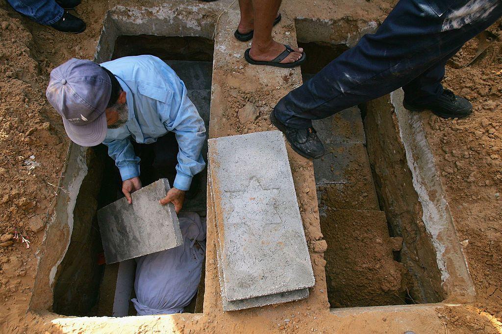 الصورة لطقوس الدفن اليهودية بإنزال الجثمان في حفرة عميقة بالأرض 
